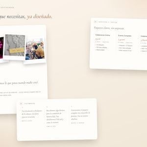Może przedstawiać: Układ interfejsu cyfrowego z trzema białymi kartami zawierającymi tekst i obrazy. Karty przedstawiają pakiety usług fotograficznych, opinie klient&oacute;w oraz cytat. Tekst zawiera nagł&oacute;wki takie jak Todo lo que necesitas, ya dise&ntilde;ado oraz Paquetes claros, sin sorpresas, wraz ze szczeg&oacute;łami cen i usług w języku hiszpańskim.
