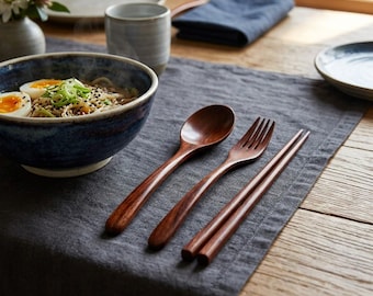 Wooden Spoon Fork Chopsticks Set, 3 Piece Asian Tableware, Dining Utensil Set, Kitchen Gift
