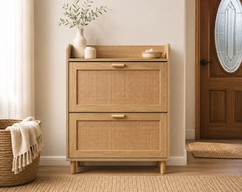 Tall Rattan Shoe Cabinet, Entryway Storage, Adjustable Shelves, Boho Style