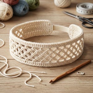 May include: A cream-colored crocheted headband featuring an intricate lattice pattern and a solid band section. The accessory includes a white elastic strap at the back for fit. A wooden 3.0mm crochet hook and a small white stitch marker are nearby.