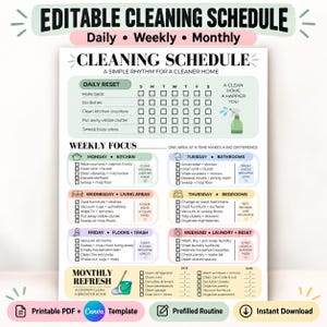 May include: An editable cleaning schedule template featuring daily, weekly, and monthly task lists. The document includes checkboxes for tracking chores like making beds, washing dishes, and cleaning rooms, organized by day with colorful headers.