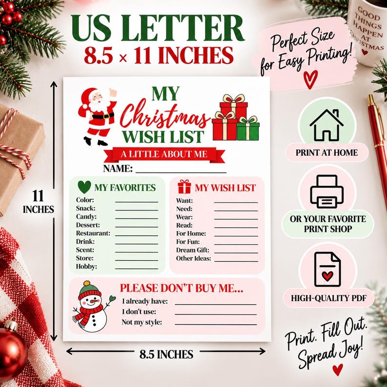 Christmas Wish List Printable, Secret Santa Questionnaire, Coworker ...