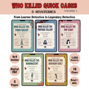 Puede incluir: Cinco archivos de juegos de misterio digitales titulados Who Killed Quick Cases Volume 1, con 5 misterios que incluyen Who Killed the Prom Queen, Fortune Teller, Pop Star, Ringmaster y Birthday Girl. Cada página de 15,24x22,86 cm lista 1.000 sospechosos.