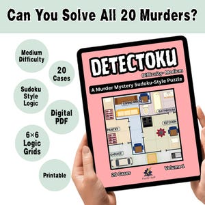 Puede incluir: Una tableta digital que muestra la portada del libro de acertijos de misterio Detectoku. La portada rosa incluye el título, 20 casos y un plano. El texto circundante destaca la dificultad media, cuadrículas lógicas 6x6 y formato PDF.