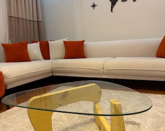 Handmade Glass Coffee Table, Sculptural Wood Base, 12mm Clear Smoked Glass Top, Modern Living Room Table