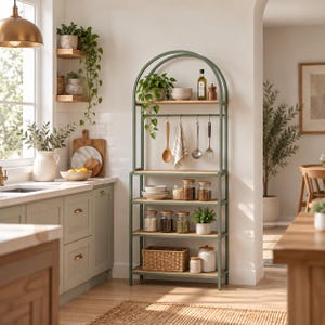 May include: A tall, arched metal shelving unit in a muted sage green finish with five light wood shelves. The unit features a top hanging rod with four metal hooks holding kitchen utensils and a towel, plus various glass jars and a woven basket.