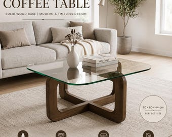 Salontafel van massief hout en glas, vierkant 80 cm, tafelblad van gehard glas, moderne Japandi woonkamertafel, sculpturale houten voet