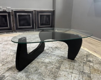 Mesa de centro moderna de cristal, patas de madera natural, nogal, roble, negro, ahumado transparente (90 x 60 cm)