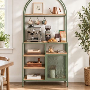 Coffee Bar Cabinet with Storage, Green Metal Baker’s Rack, Kitchen Coffee Station, Mug Holder Shelf, Modern Pantry Organizer