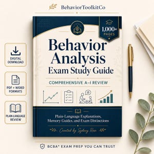 Może przedstawiać: Podręcznik do egzaminu z analizy zachowania z ciemnoniebieską i kremową okładką. Tekst brzmi Behavior Analysis Exam Study Guide, Comprehensive A-I Review oraz Created by Sydney Rose. Zawiera ikony wykresów, listy i słupków.