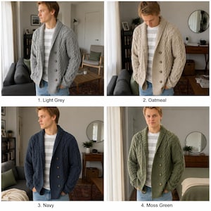 Peut inclure: Une collection de quatre cardigans en tricot torsadé avec col châle et fermeture boutonnée, présentés en gris clair, avoine, bleu marine et vert mousse. Chaque cardigan présente un motif torsadé texturé, des manches longues et des bords-côtes.