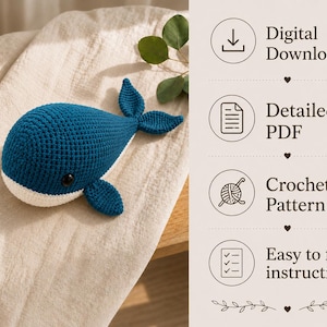 Könnte beinhalten: Ein dunkelblau-weiß gehäkelter Wal mit einem schwarzen Auge. Das Bild enthält den Text: Digital Download, Detailed PDF, Crochet Pattern und Easy to follow instructions, angeordnet in einer vertikalen Liste mit kreisförmigen Symbolen.