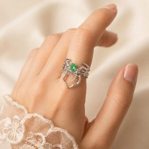 Silver Spider Ring, Green Stone Spider Ring, Stainless Steel Gothic Ring, Statement Spider Jewelry, Halloween Ring, Gift for Her