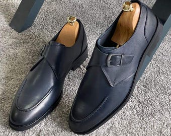 Chaussures à boucle pour homme, semelle bleue et noire, faites main | Cuir, style habillé et formel | Chaussures élégantes pour le bureau et les mariages