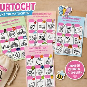 Peut inclure: Un ensemble de quatre feuilles d'activités intitulées Speurtocht, Insectenspeurtocht, Dierenspeurtocht et Fruitspeurtocht avec des dessins au trait en noir et blanc à colorier. Comprend un sac à cordon, des crayons de couleur et des autocollants.
