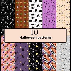 Op de afbeelding: Een collectie van 10 Halloween-patronen met skeletten, pompoenen, spoken, zwarte katten, vleermuizen, snoep, spookhuizen, manen en spinnen. De ontwerpen bevatten kleurpaletten in zwart, oranje, paars en wit met de tekst 10 Halloween patterns.
