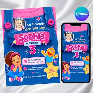 May include: A birthday invitation card and a smartphone screen displaying the same design. The blue and pink graphic features a photo of a child, the text Sophia is turning 3, an orange monster character, and event details for October 26th.