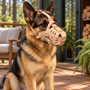May include: A German Shepherd dog wearing a light tan leather muzzle. The muzzle features adjustable straps, brass-colored metal rivets, and multiple ventilation slits across the snout area, secured with a buckle and metal hardware.