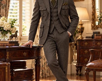 Men’s Grey Wool Tweed Suit | 3 Piece Vintage Herringbone Suit with Utility Pocket Blazer & Waistcoat | Traje Gris de Tweed para Hombre