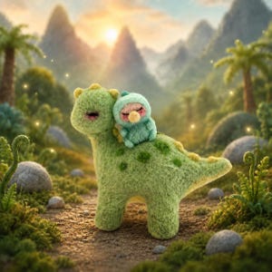 May include: A needle-felted green dinosaur figurine with a textured surface and a smaller, light blue creature resting on its back. The dinosaur has a rounded head, a long tail, and dark green spots along its spine, while the smaller figure has closed eyes.