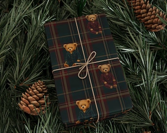 Christmas Teddy Bear Wrapping Paper, Tartan Plaid Gift Wrap, Dark Heritage Holiday Present Paper, Classic Xmas Gift Packaging