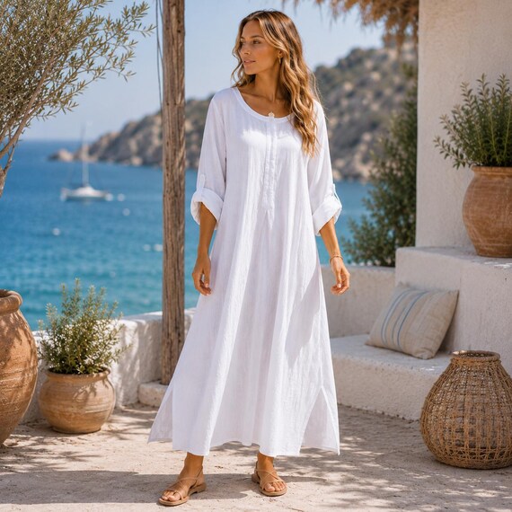 Cotton Linen Dress: Loose Maxi, Long Sleeve, Oversized Kaftan,  Boho Casual Outfit, Vacation Wear