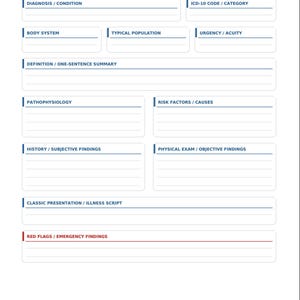 May include: A white diagnosis study sheet for graduate nursing and FNP students. The document features blue headers for sections including diagnosis, ICD-10 code, body system, pathophysiology, risk factors, history, physical exam, and red flags.
