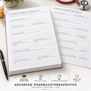 May include: A physical study pad titled Advanced Pharmacotherapeutics with 50 tear-off sheets, forming 25 complete 2-page sets. The white paper sheets feature black printed clinical templates for nursing students, measuring 8.5 by 11 inches.