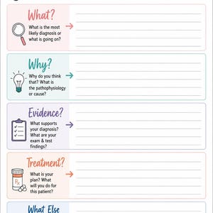 May include: A white notepad titled Things My Preceptor WILL DEFINITELY ASK ME FNP-STUDENT PAD. It features five sections labeled What, Why, Evidence, Treatment, and What Else Could It Be, each with icons like a stethoscope, lightbulb, and pill bottle.