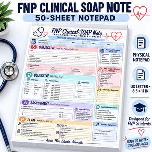 May include: A 50-sheet FNP Clinical SOAP Note notepad measuring 8.5 by 11 inches. The white paper features sections for Subjective, Objective, Assessment, and Plan notes with checkboxes, medical icons, and text fields for patient documentation.