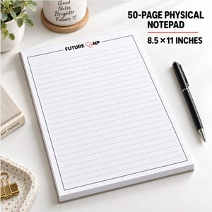 May include: A white 50-page physical notepad measuring 8.5 x 11 inches with horizontal black lines and a black border. The top of the page features the text FUTURE NP with a red heart-shaped stethoscope icon. A black pen rests beside the notepad.