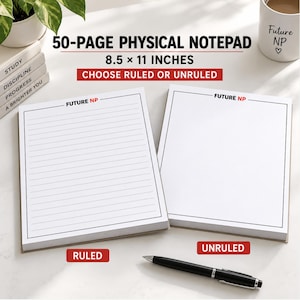 May include: Two 50-page physical notepads measuring 8.5 by 11 inches, one ruled and one unruled, featuring the text FUTURE NP at the top. A black pen lies below the notepads, and a white mug with the text FUTURE NP and a heart icon sits nearby.