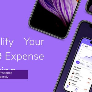 Pode incluir: Um fundo roxo exibe o texto Simplify Your 1099 Expense Tracking e Manage your freelance finances effortlessly. Vários smartphones estão dispostos ao redor do texto, mostrando uma interface de aplicativo móvel com dados financeiros.