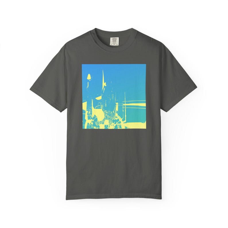 Retro Neon Cityscape T-shirt | Blue Yellow Abstract Square Print