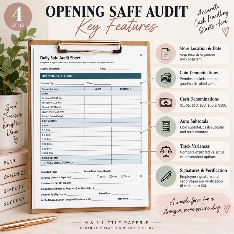 Daily Safe Audit Sheet | Cash Count Log | Printable Retail Cash ...