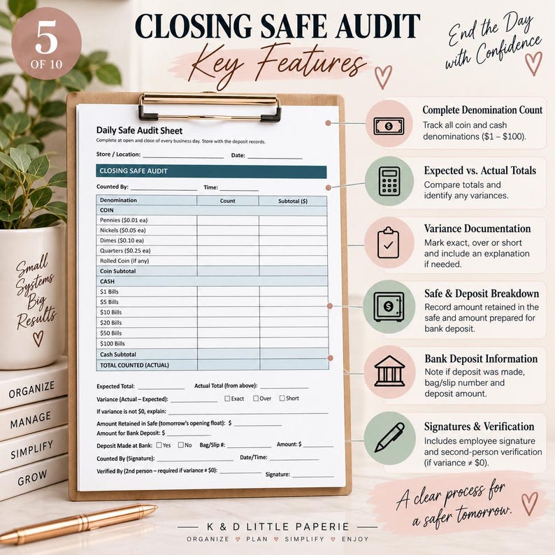 Daily Safe Audit Sheet | Cash Count Log | Printable Retail Cash ...