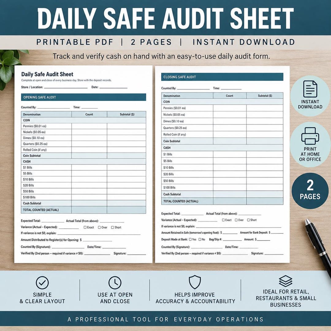 Daily Safe Audit Sheet | Cash Count Log | Printable Retail Cash ...
