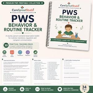 May include: A PWS Behavior & Routine Tracker printable collection featuring a spiral-bound cover with a child illustration, 30 practical tracking pages, and detailed sections for child profiles, daily routines, transitions, and caregiver communication.