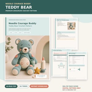 Schema per realizzare all'uncinetto Needle Courage Buddy, orsacchiotto amigurumi in PDF, giocattolo per il gioco di ruolo "Prendersi cura di sé".