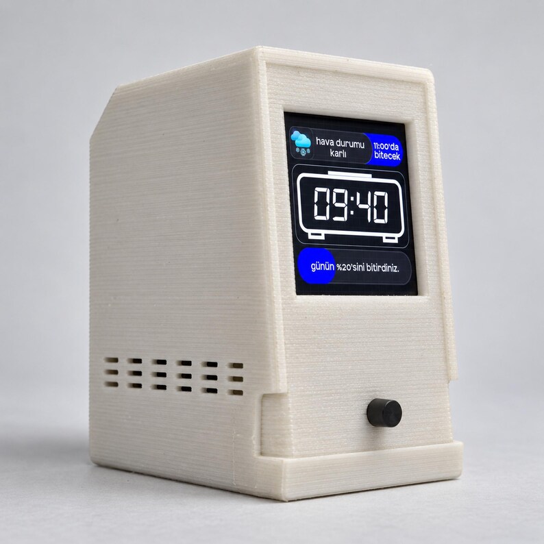 May include: A cream-coloured, 3D-printed desktop clock with a textured finish. The device features a digital screen displaying the time 09:40, weather information, and text in Turkish. A small black circular knob is positioned below the screen.