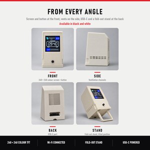 May include: A white electronic device with a 240x240 colour screen and a front button. The side features ventilation channels, while the back includes a USB-C port. A fold-out stand allows for a tilted position. The device is Wi-Fi connected.