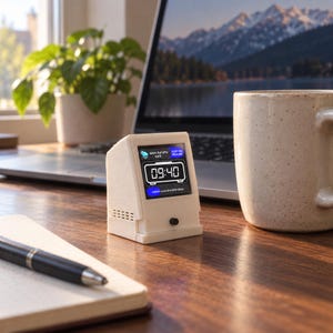 May include: A small, white, wedge-shaped digital desk clock with a rectangular screen displaying the time 09:40, weather information, and text in a blue box. The device features a single black circular button on the front and side ventilation slots.
