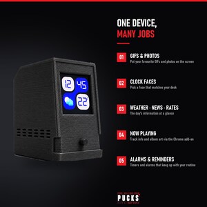 May include: A black, textured, box-shaped smart display device with a front-facing screen showing time, weather, and temperature. Text on the right lists features: One Device, Many Jobs, Gifs & Photos, Clock Faces, Weather, News, Rates, Now Playing, Alarms & Reminders.