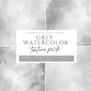 Peut inclure: Un ensemble de neuf textures aquarelle grises, chacune mesurant 3600 x 5400 pixels à 300 DPI. Ces textures sont parfaites pour ajouter une touche subtile et élégante à vos designs numériques.