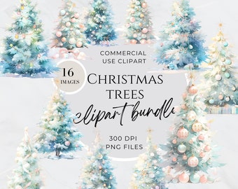 Boho Christmas Trees Clipart, Decorated Christmas Tree Clipart, Christmas Mega Bundle,  Watercolor, Cute, Pine Tree, Evergreen, Holiday