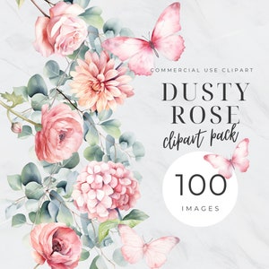 Dusty Rose Watercolor Clipart, Pastel Butterfly Clip Art, Pink Floral Borders, Vintage Rose, Blush Pink Floral, Floral Modern Wedding