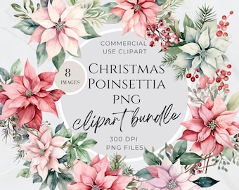 Christmas Poinsettia Clipart, Holiday Clipart, Watercolor Poinsettia, Winter, Arrangement, Bouquet, Sublimation, Commercial Use, Floral