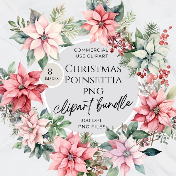 Christmas Poinsettia Clipart, Holiday Clipart, Watercolor Poinsettia, Winter, Arrangement, Bouquet, Sublimation, Commercial Use, Floral