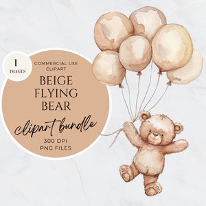 Flying Bear Clipart, Baby Bear Balloons Neutral Clipart, Watercolor Floating Teddy Bear, Wall Art Nursery Decor, Baby Shower Invitation