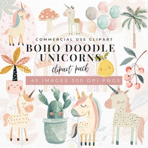 Boho Baby Doodle Clipart, Boho Waldtiere Clip Art, Frühling Aquarell Bundle, Regenbogen Kinderzimmer Png, Babyparty, kommerzielle Lizenz